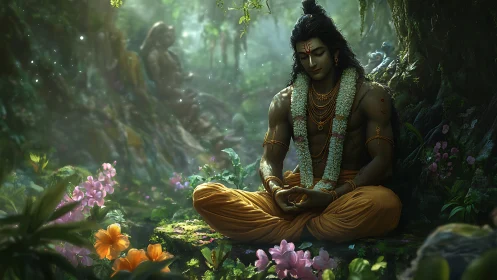 Forest silence gathers as divine yogi blooms in light