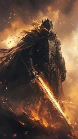 Armored dark figure with flaming sword in dense smoke field.