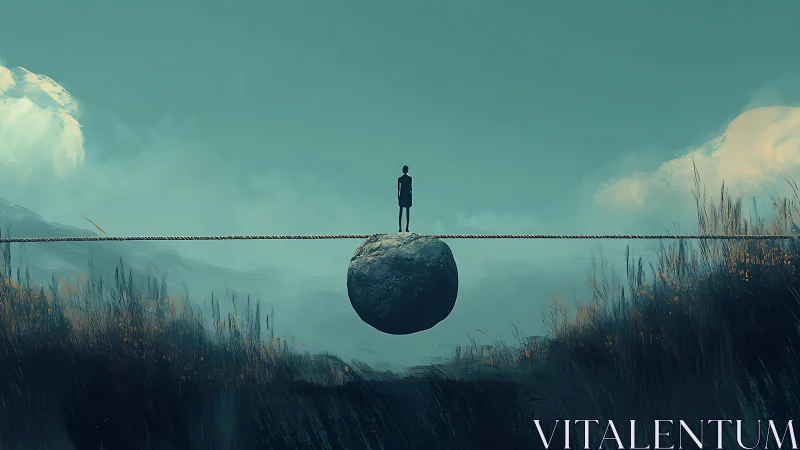 Quiet soul balancing on a boulder between misty hills.