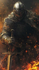 Armored knight in ember‑lit forgefire with battle‑scarred blade.