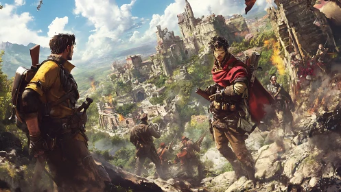 Armed figures advancing toward ruined hillside fortress city.