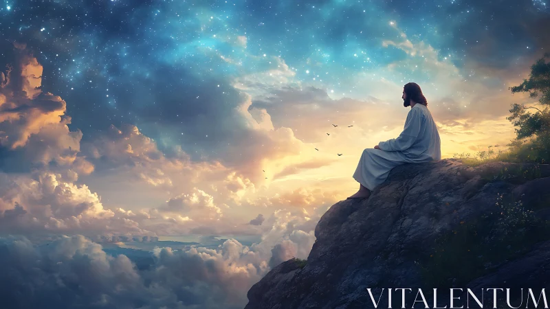 Solitary robed figure dreaming above a star-kissed sunrise sky.