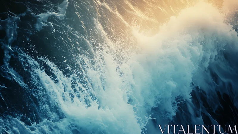 Sunlit waves crash and rise in a powerful ocean embrace