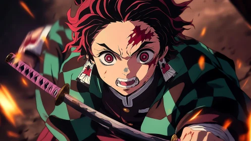 Determined anime swordsman charges through flying embers in fury