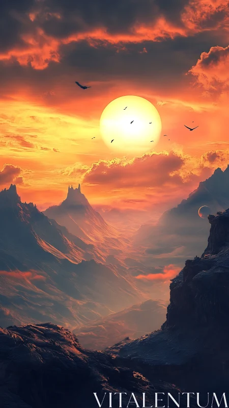 Solar crown over ember valleys on a distant dreaming world.