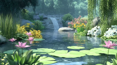Digital garden pond with waterfall, lilies, rocks and flowers