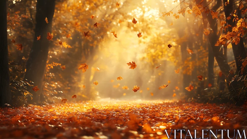 Forest pathway with volumetric light rays and falling autumn foliage particles