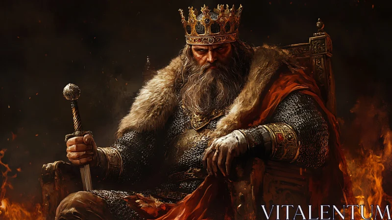 Warrior king on burning throne in dark fantasy court.