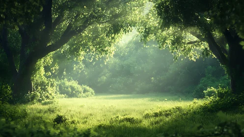 Sunlit Forest Meadow: Nature's Peaceful Sanctuary.