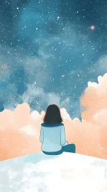 Figure on elevated surface observing cloudy star field panorama.