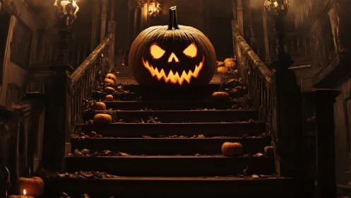 Large carved jack-o-lantern sits on decayed interior staircase