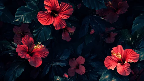 Neon Hibiscus Bloom: Tropical Fire Dances Across Midnight Velvet
