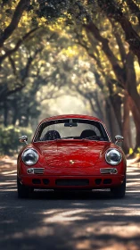 Crimson classic coupe pausing beneath a cathedral of trees.