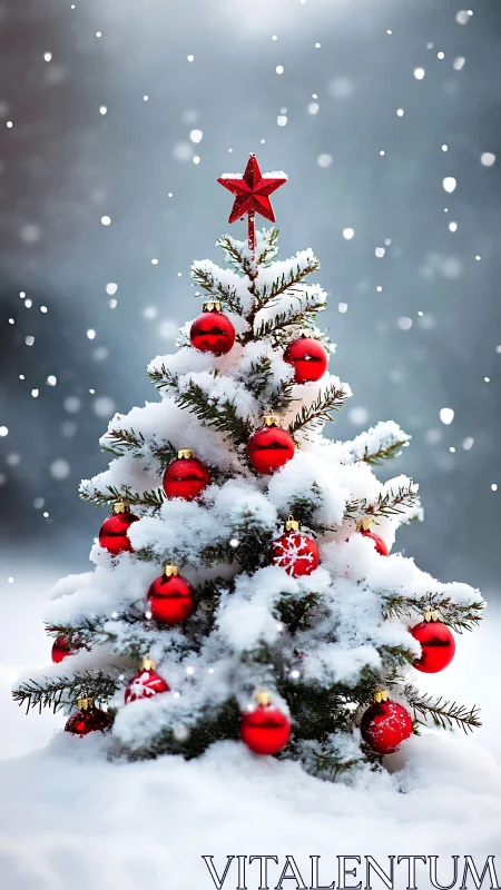 Photorealistic snow-laden Christmas tree with red ornaments.
