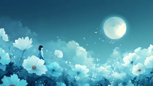 Girl stands in moonlit flower field under deep blue sky
