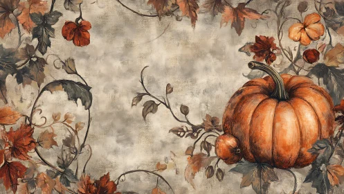 Autumn pumpkin illustration framed by swirling foliage vines