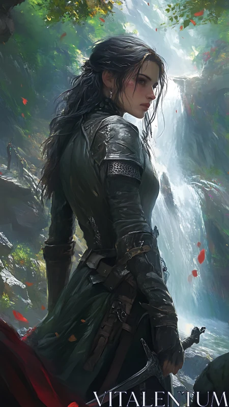 Warrior in forest armor studies a hidden waterfall trail.