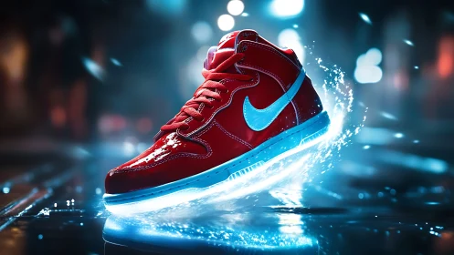 Futuristic red sneaker with glowing blue sole in neon city.