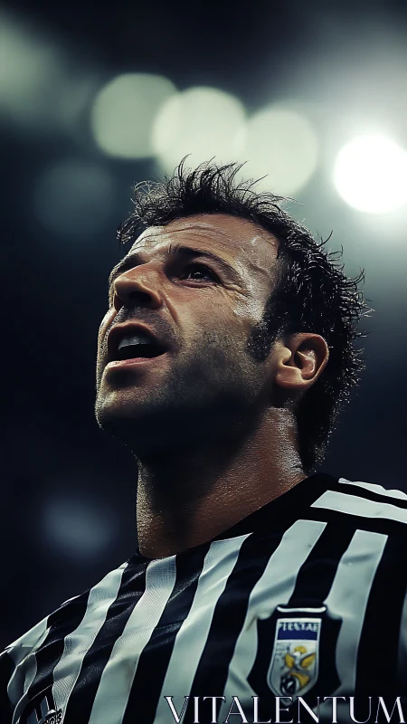 Male football player in striped jersey under stadium lights
