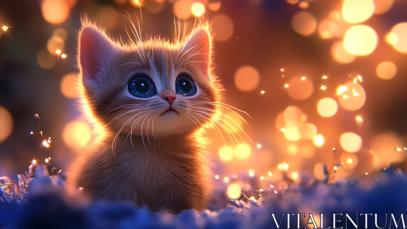 Luminescent Kitten in Golden Bokeh Landscape.