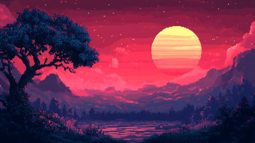 Pixel sunset bathes a tranquil valley lake in neon warmth