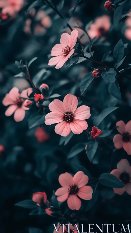 Pink flowers bloom among teal foliage in botanical composition
