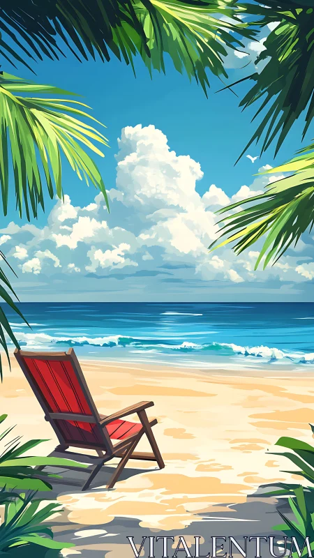 Lonely red beach chair faces tranquil turquoise sea horizon.