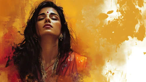 Serene woman in saffron haze, meditative digital portrait.