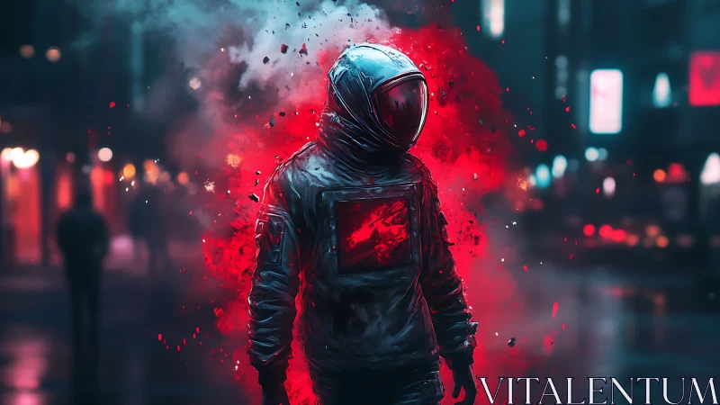 Astronaut engulfed in crimson nebula within neon city haze.