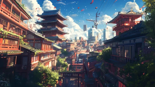 Sunlit hillside city where old pagodas meet new towers.