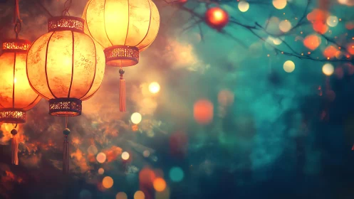 Luminous paper lanterns with teal bokeh festival background.