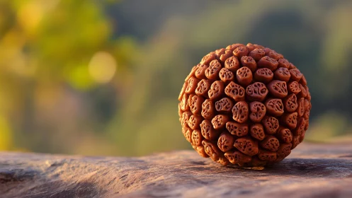 Macro optical study of carved seed sphere under warm bokeh light.