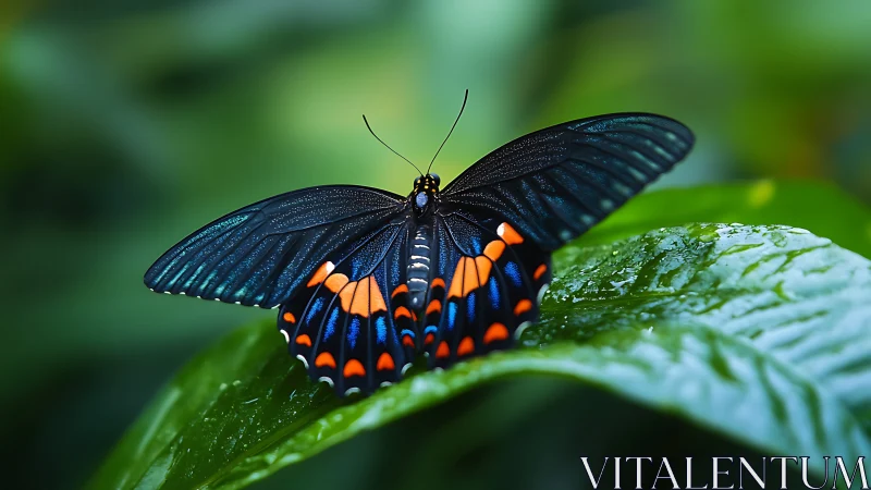 Black and blue butterfly rests on wet green leaf
