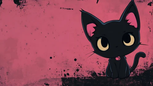 Stylized black kitten on distressed magenta grunge backdrop.
