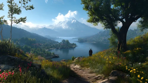 Digital landscape panorama with heroic figure and alpine lake.