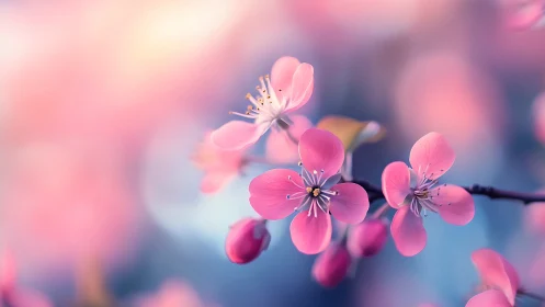 Pink blossoms on branch with bokeh background.