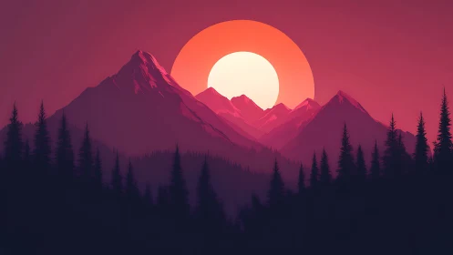 Sunset glows behind layered mountains and dark pine forest