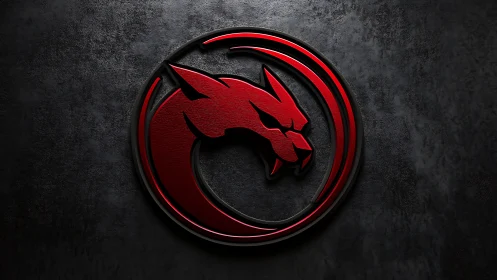 Embossed red dragon emblem with metallic rim on textured stone