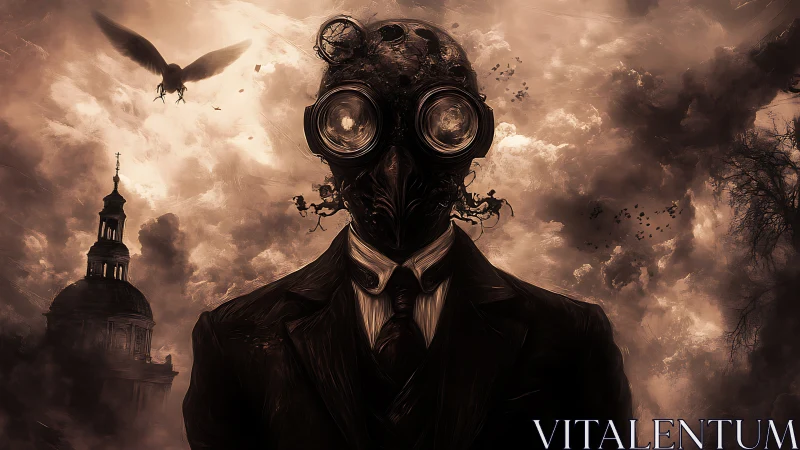 Plague mask gentleman in surreal apocalyptic stormscape.