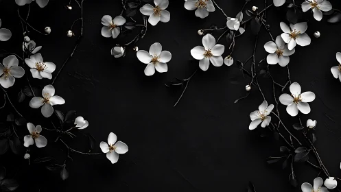 Monochromatic Floral Composition Against Black Background.