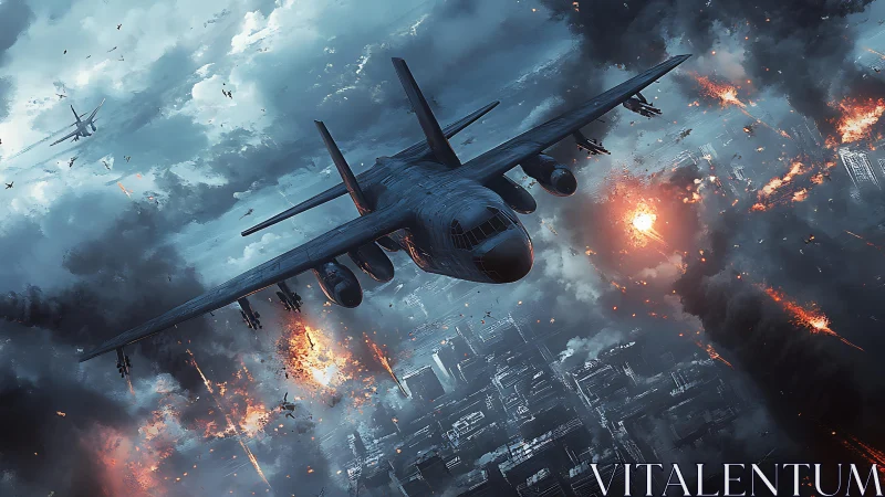 Rugged military aircraft powers through a storm of explosions