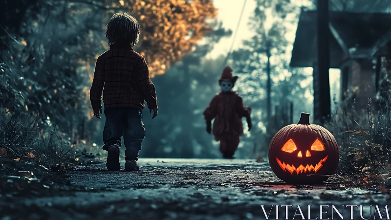 Backlit child observes glowing jack o’lantern and masked clown figure