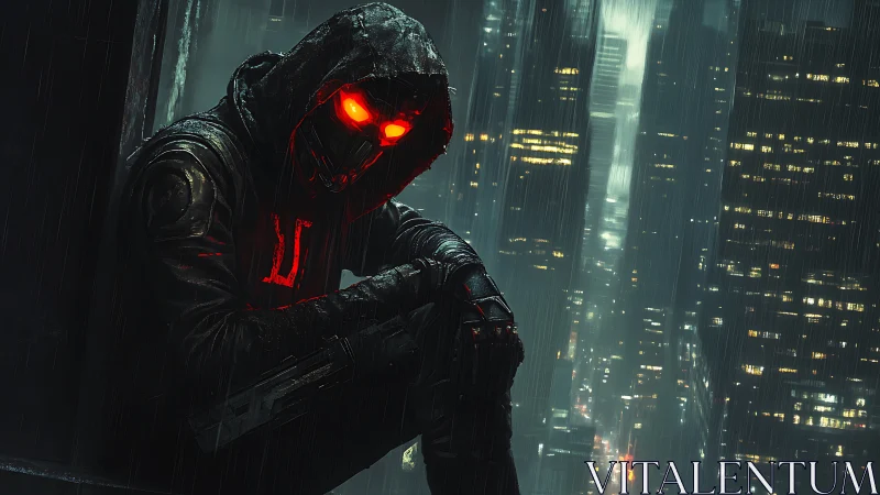 Cyberpunk assassin in rain-soaked neon megacity vignette.