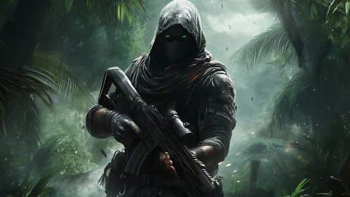 Hooded armed figure standing in dense tropical jungle environment.
