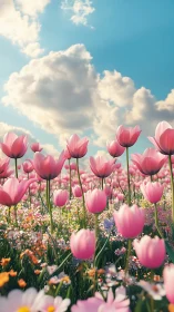 Spring tulip meadow under towering clouds in soft light.
