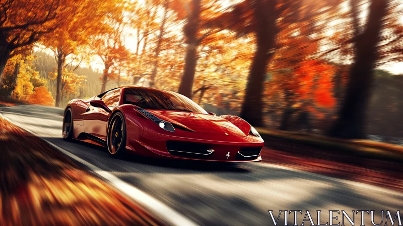Crimson supercar slices through blazing autumn forest lanes