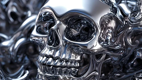 Shiny Metallic Skull in Abstract Liquid Chrome Style Artwork.