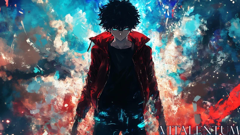 Dark-haired anime antihero stands in explosive neon storm.