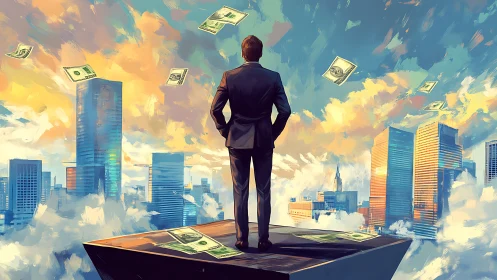 Digital painting of executive over cityscape and floating money.