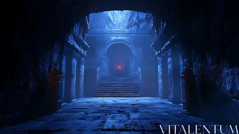 Ancient blue-lit stone corridor leads to a fiery inner sanctum